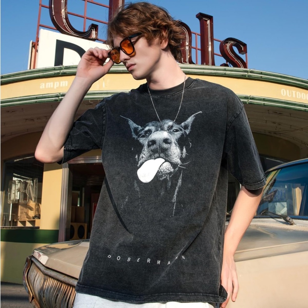 Oversized Graphic Doberman Tee in Washed Black